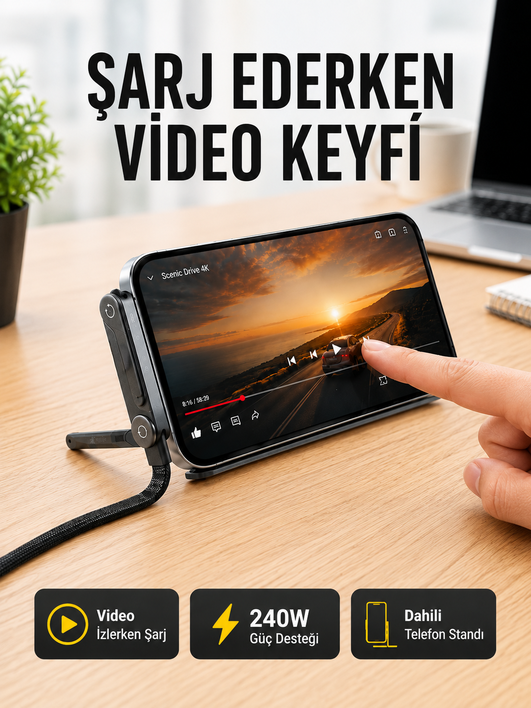 Katlanabilir Telefon Standlı 240W Type-C Hızlı Şarj Kablosu - Lisinya