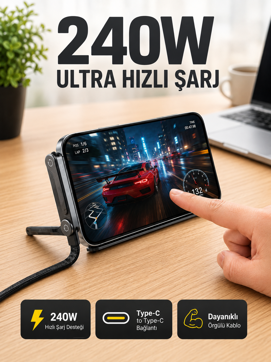 240W Type-C Telefon Standlı Örgülü Şarj ve Data Kablosu - Lisinya 240W Type-C Telefon Standlı Örgülü Şarj ve Data Kablosu - Lisinya