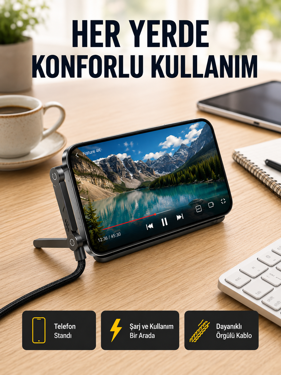 240W Type-C to Type-C Katlanabilir Standlı Hızlı Şarj Kablosu - Lisinya 240W Type-C to Type-C Katlanabilir Standlı Hızlı Şarj Kablosu - Lisinya