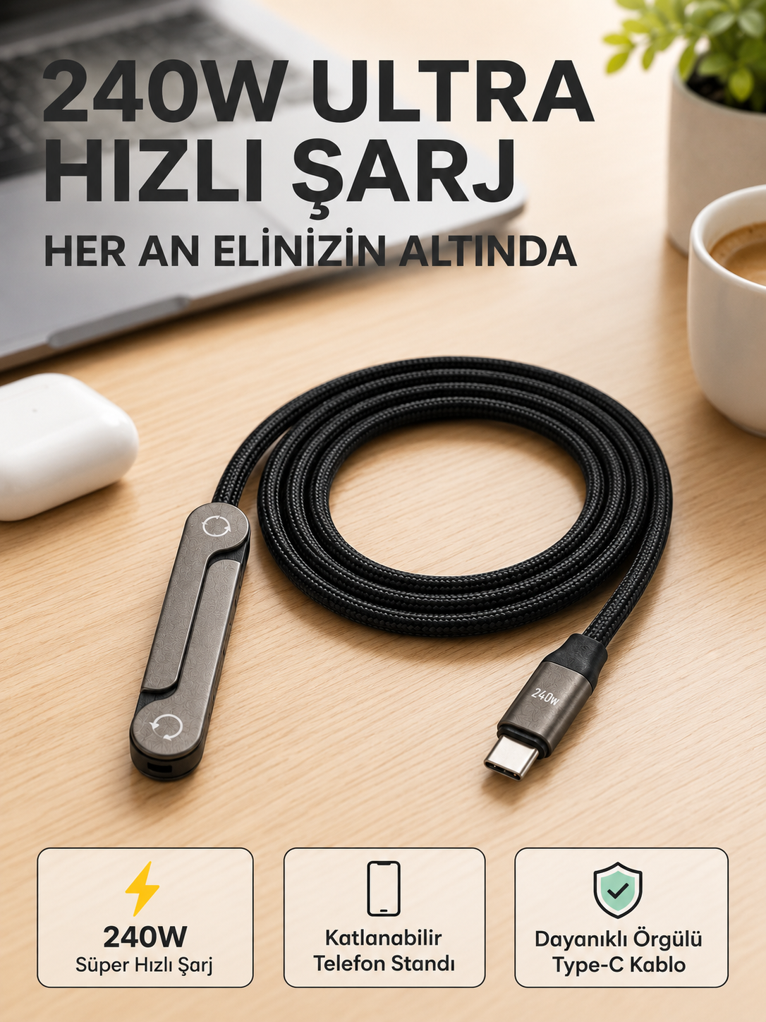 Örgülü 240W Type-C Katlanabilir Telefon Standlı Şarj Kablosu - Lisinya Örgülü 240W Type-C Katlanabilir Telefon Standlı Şarj Kablosu - Lisinya