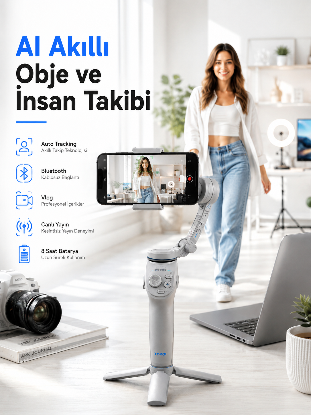 Yapay Zeka Takipli Telefon Gimbali Katlanabilir Tripod Bluetooth Kontrollü Dahili LED Işıklı - Lisinya Yapay Zeka Takipli Telefon Gimbali Katlanabilir Tripod Bluetooth Kontrollü Dahili LED Işıklı - Lisinya