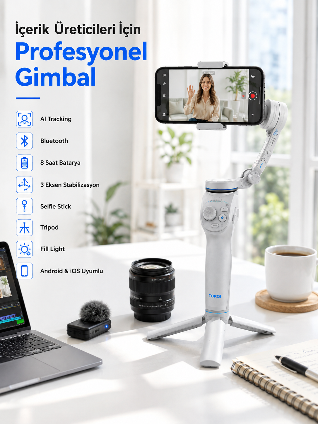 Akıllı Telefon Gimbal Sabitleyici 360° Takip Özellikli Profesyonel Video Çekim Stabilizeri - Lisinya