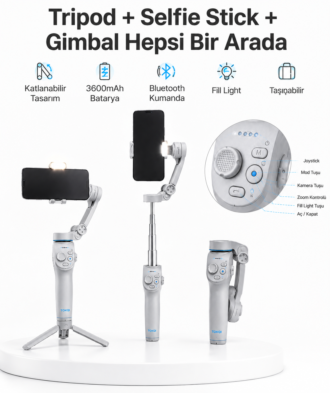 3 Eksen Telefon Gimbal Stabilizer Yapay Zeka Takipli Katlanabilir Dahili Dolgu Işıklı Video Sabitleyici - Lisinya