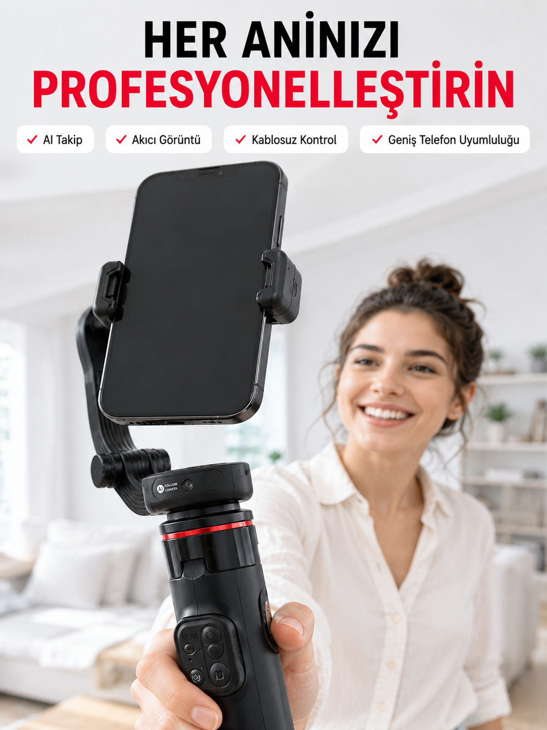 360° AI Akıllı Takipli Selfie Stick Gimbal Stabilizatör Bluetooth Kumandalı Uzayabilir Telefon Tripodu - Lisinya