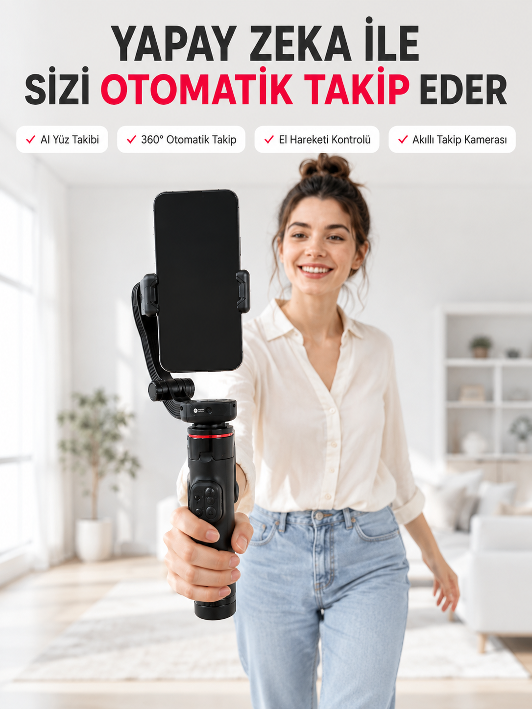 AI Yüz Takip Özellikli Gimbal Selfie Stick 360° Dönebilen Telefon Tutucu Uzayabilir Bluetooth Kumandalı - Lisinya