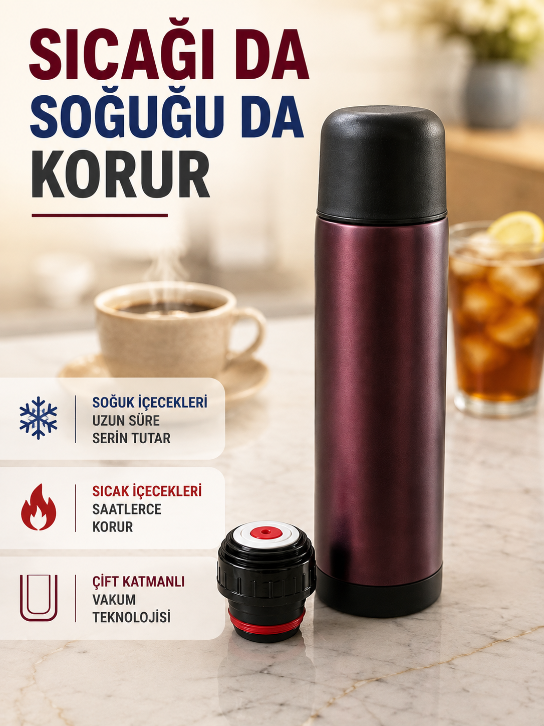 Paslanmaz Çelik Vakumlu Termos Sıcak ve Soğuk İçecek Termosu - Lisinya Paslanmaz Çelik Vakumlu Termos Sıcak ve Soğuk İçecek Termosu - Lisinya
