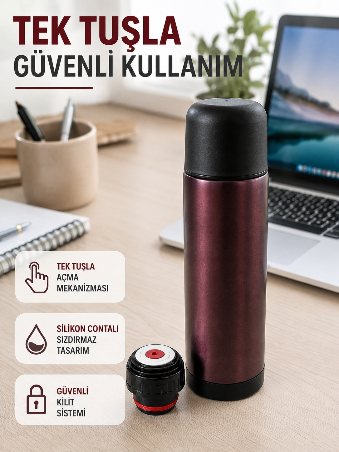 Çift Katmanlı Vakumlu Termos Ofis Araç Kamp İçin Paslanmaz Çelik Termos - Lisinya