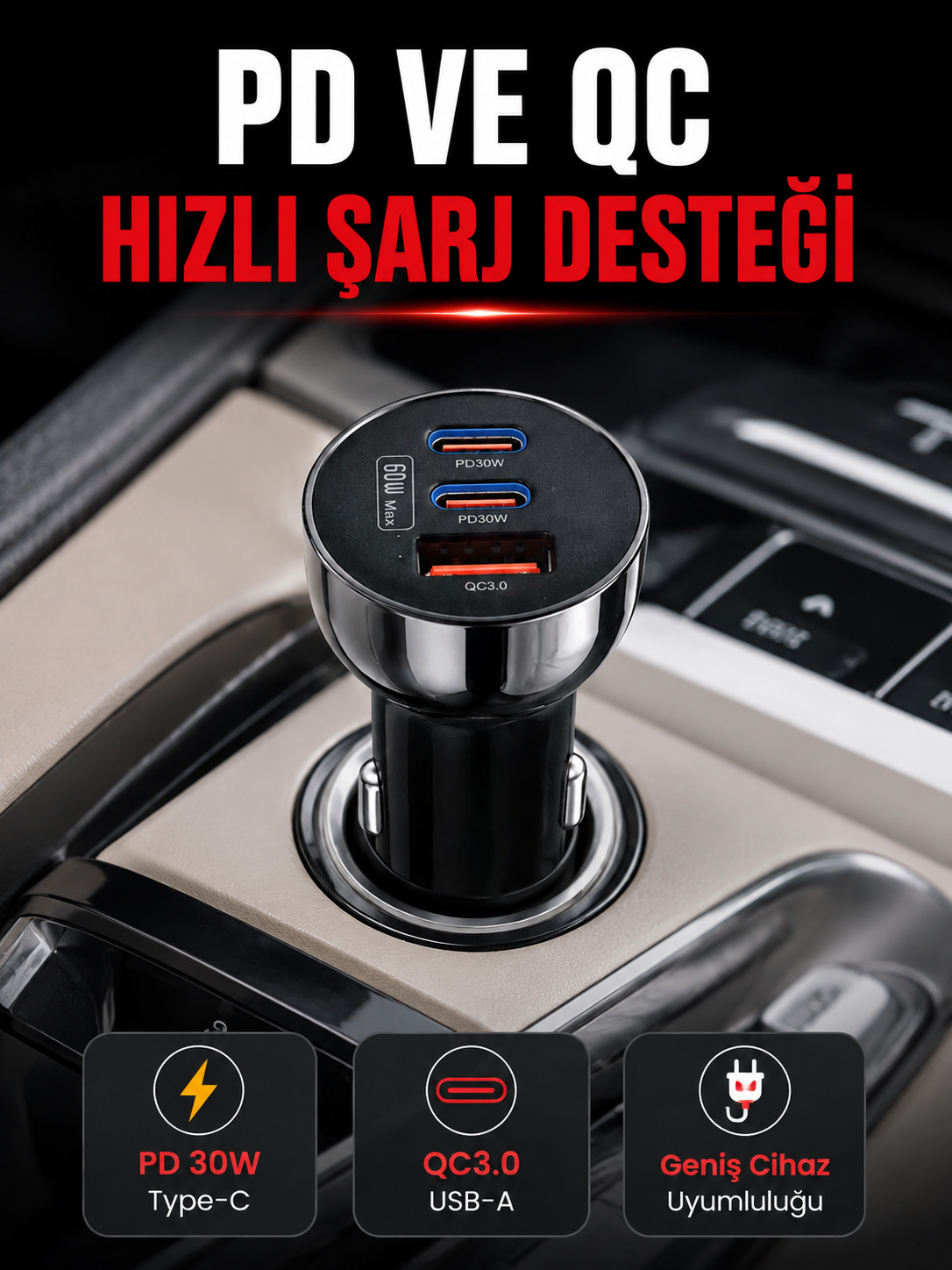 3 Portlu Araç İçi Şarj Adaptörü Çift PD Type-C ve QC3.0 USB Çıkışlı - Lisinya