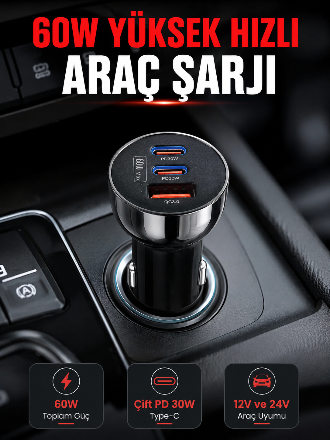 PD 30W Çift USB-C Araç Şarj Cihazı 60W Hızlı Şarj Adaptörü - Lisinya