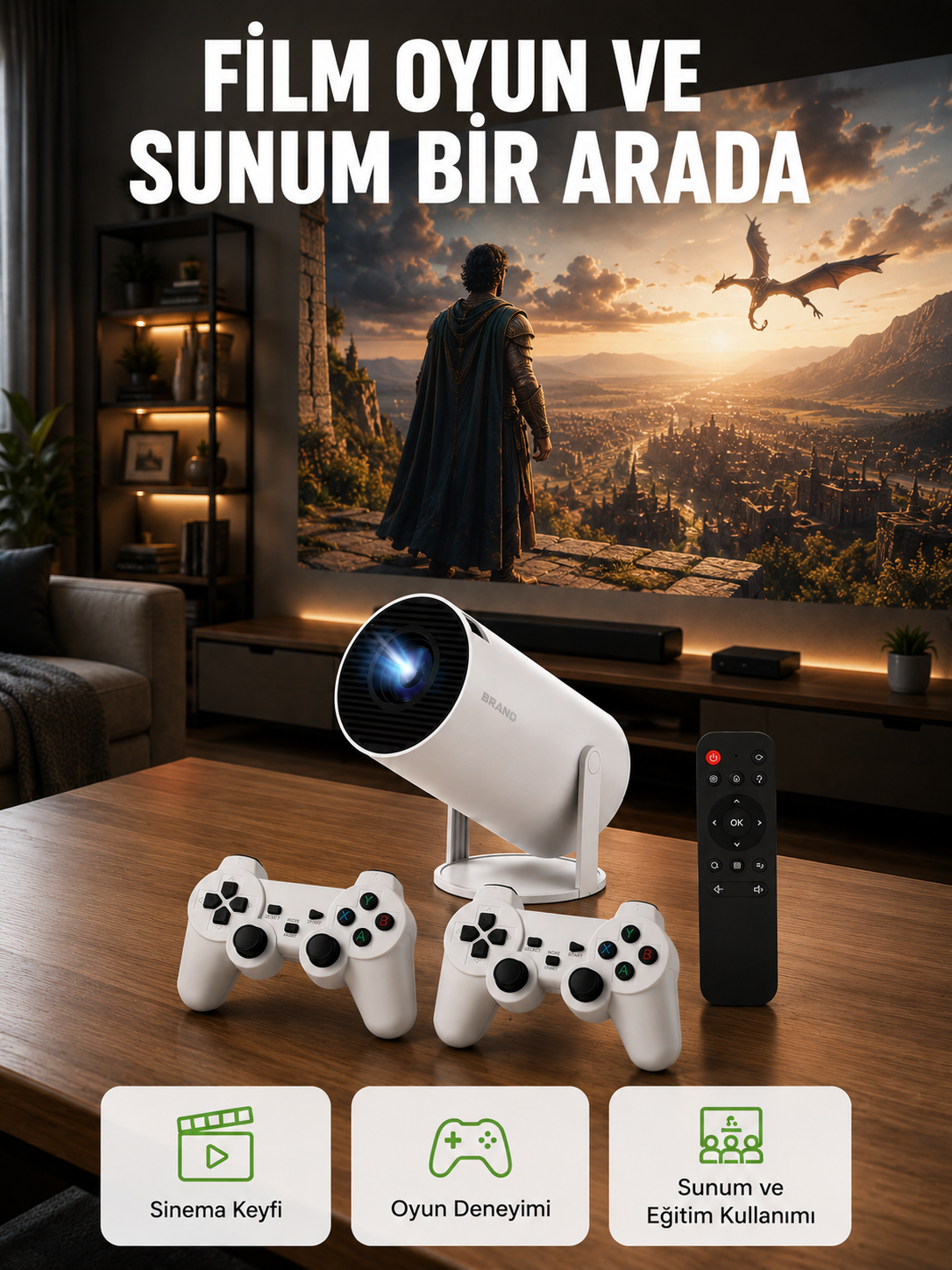 10.000 Oyun Destekli, Çift Kollu 4K Projeksiyon – HDMI, USB, AUX, Ethernet Yok Yeni Nesil - Lisinya