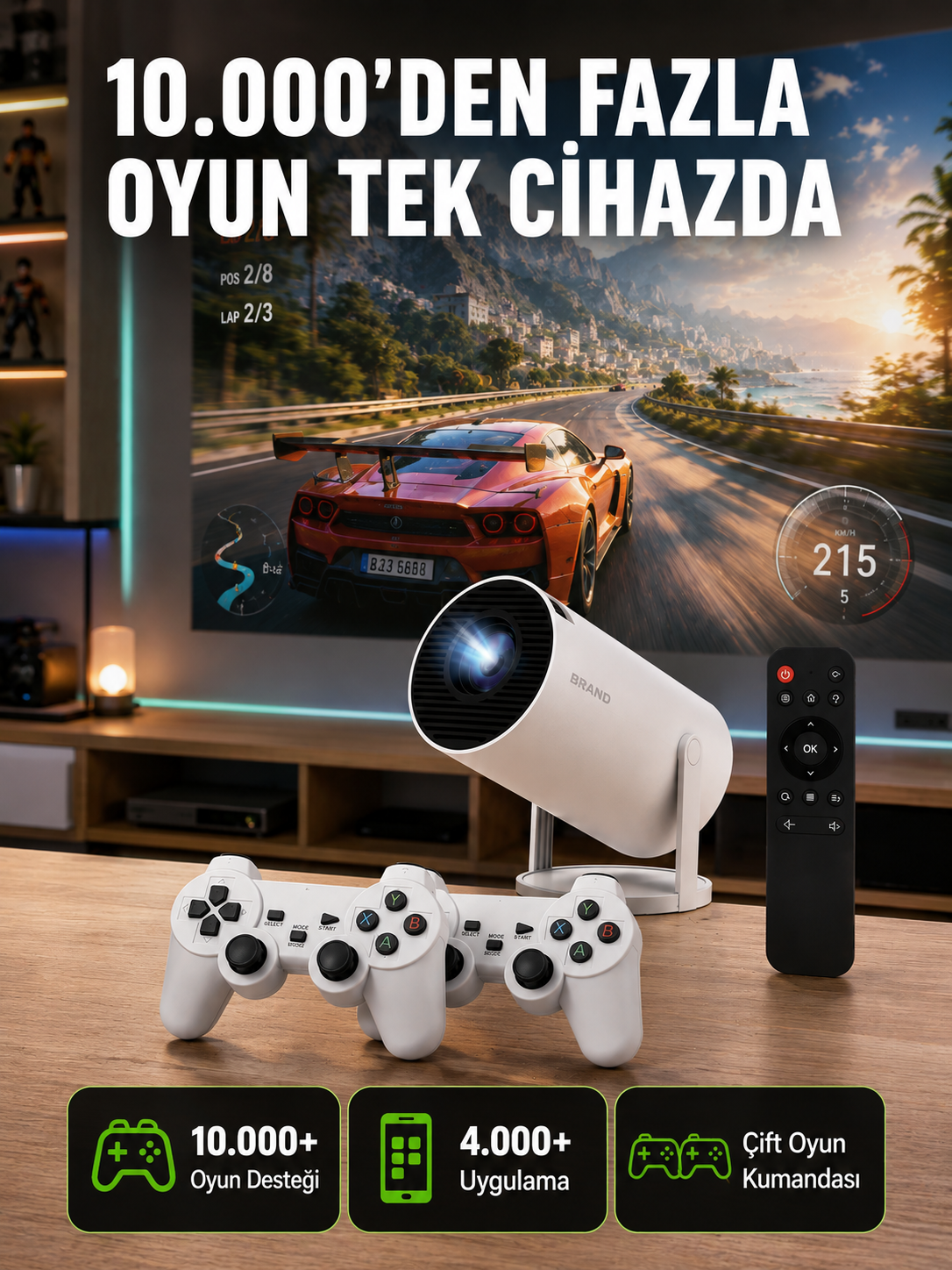 TÇift Kollu Tasarımlı Kablosuz Projeksiyon – 4K, 10.000 Oyun ve Smart App Desteği Yeni Nesil - Lisinya TÇift Kollu Tasarımlı Kablosuz Projeksiyon – 4K, 10.000 Oyun ve Smart App Desteği Yeni Nesil - Lisinya