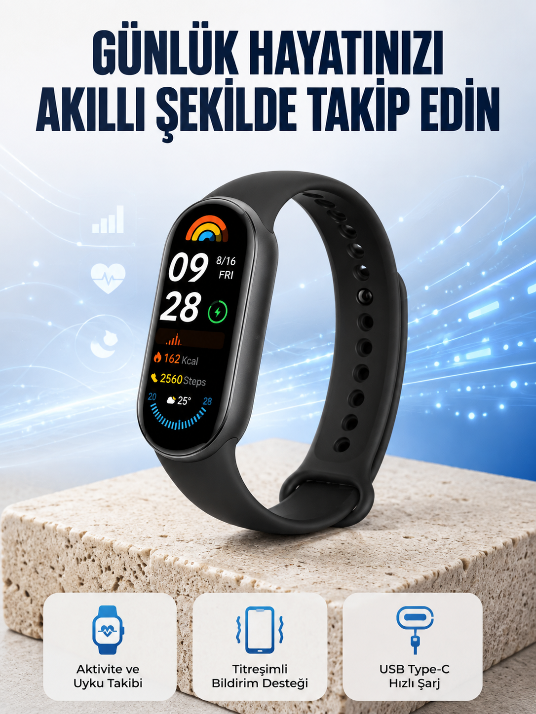 TPU ve Silikon Kordonlu Akıllı Bileklik – 20 Gün Bekleme Süresi Yeni Nesil - Lisinya