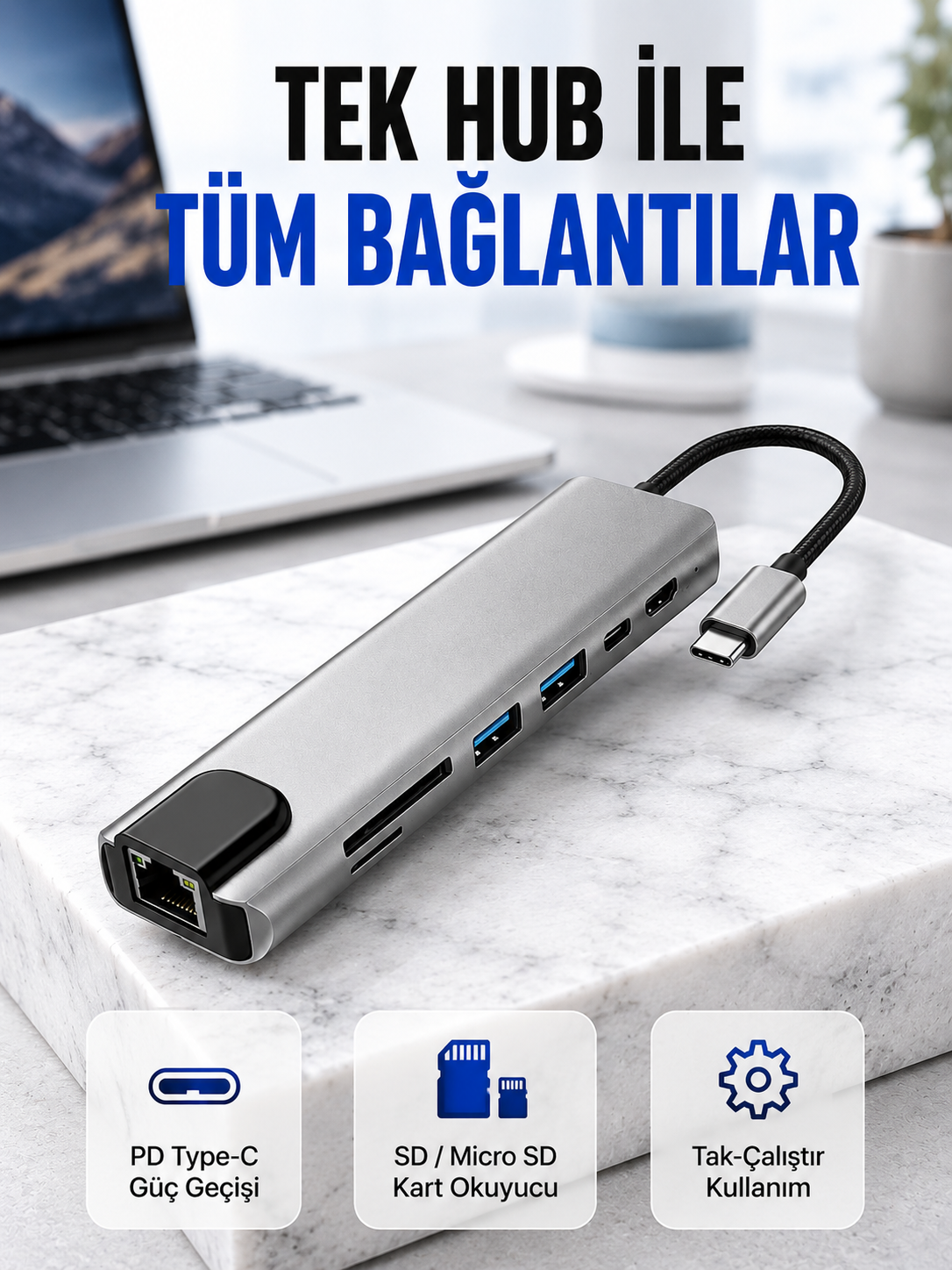 Alüminyum Gövdeli Type‑C HDMI & Ethernet Adaptör – Tak & Çalıştır - Lisinya