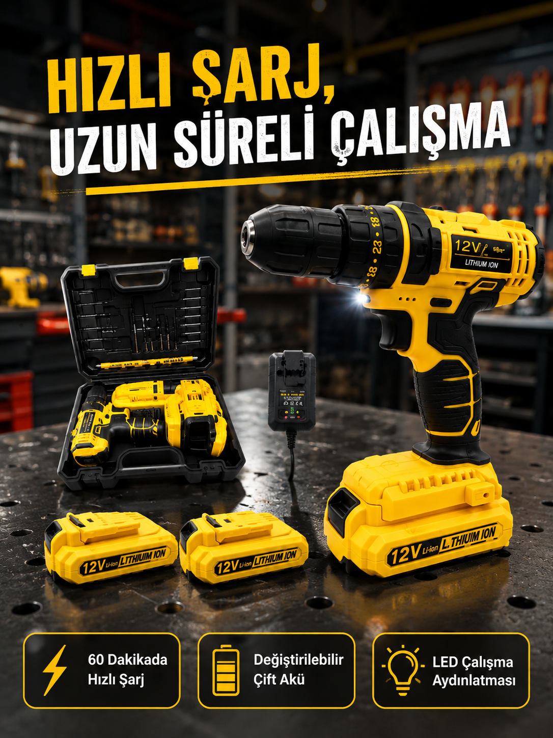 Ev ve Atölye İçin 12V Akülü Matkap | Plastik Mandren ve Metal Şanzıman - Lisinya