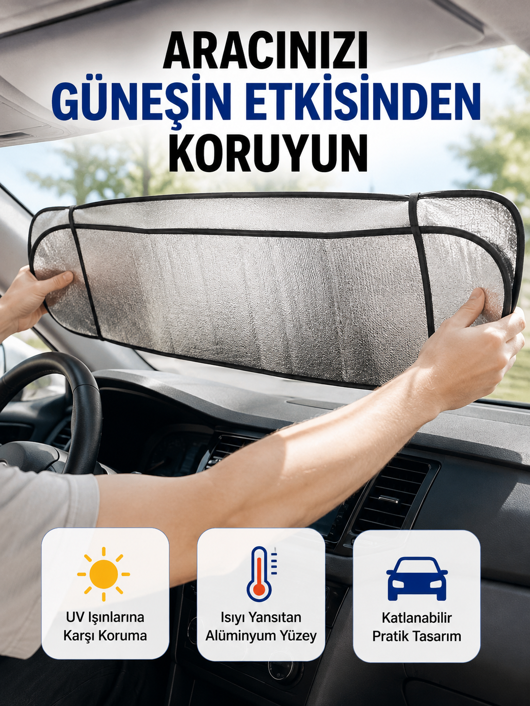 Metalize Reflektör Yüzeyli UV Koruyucu Araç Güneşliği – Serin ve Güvenli Sürüşler İçin - Lisinya Metalize Reflektör Yüzeyli UV Koruyucu Araç Güneşliği – Serin ve Güvenli Sürüşler İçin - Lisinya