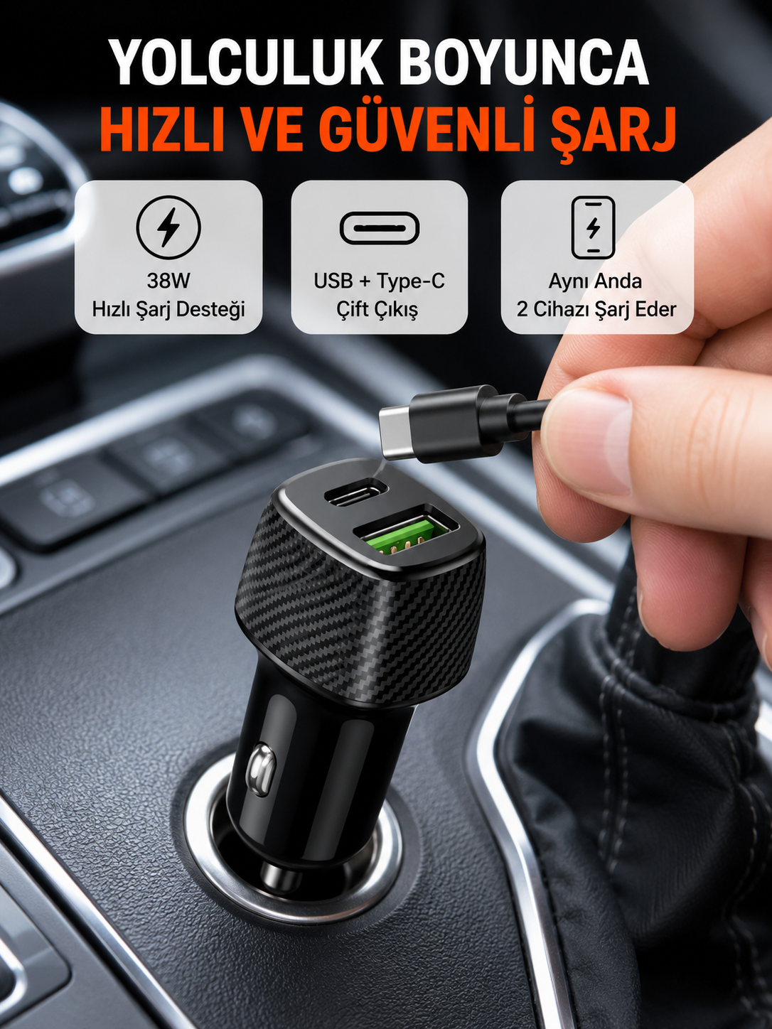 Kompakt Tasarımlı Type-C + USB Girişli Araç Şarj Başlığı - Lisinya Kompakt Tasarımlı Type-C + USB Girişli Araç Şarj Başlığı - Lisinya