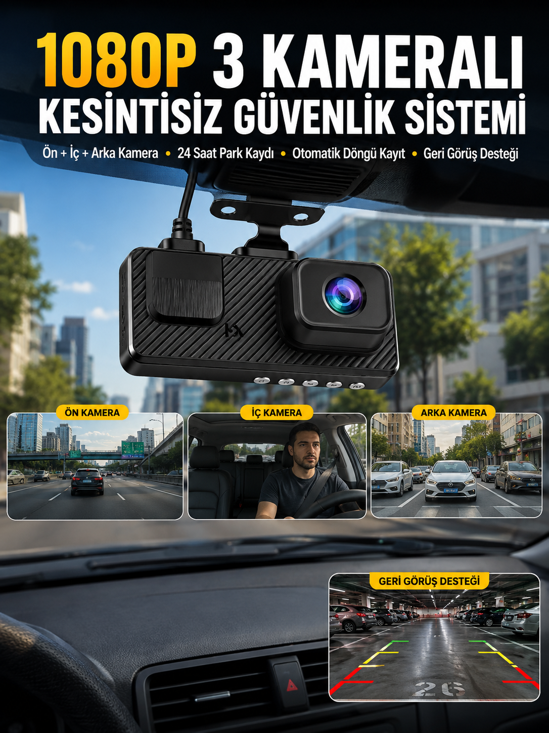 3 Kameralı Araç İçi DVR Kayıt Cihazı  Ön İç Arka Kamera Full HD - Lisinya