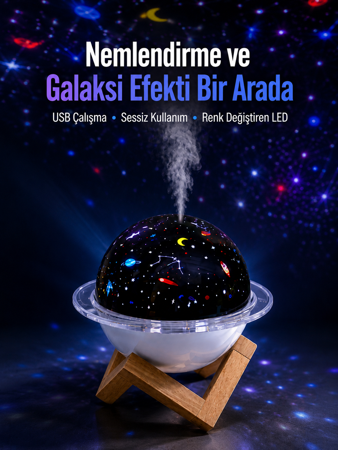 USB bağlantılı projektör ışıklı taşınabilir mini hava nemlendirici ve aroma difüzörü - Lisinya