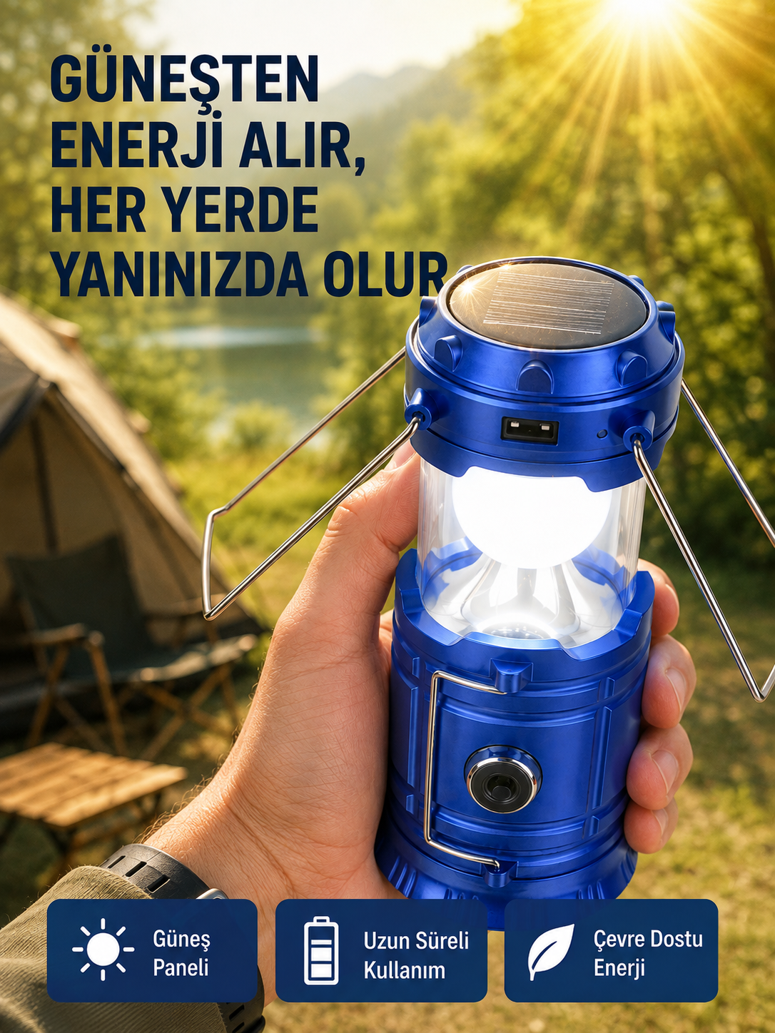 Şarj Edilebilir Güneş Enerjili Kızaklı Kamp Feneri – USB Çıkışlı, Katlanabilir, Dayanıklı ve Çok Fonksiyonlu - Lisinya