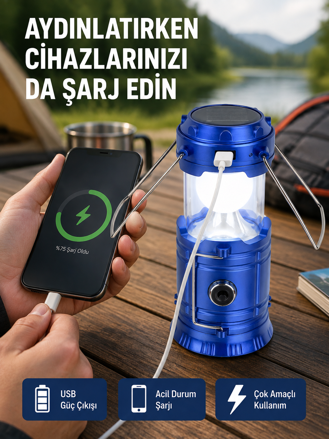 Güneş Enerjili Katlanabilir Kamp Feneri – USB Şarjlı, Hafif ve Çok Fonksiyonlu - Lisinya