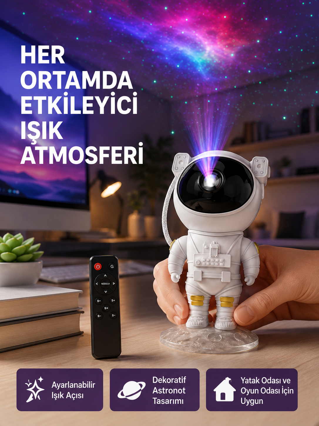 Astronot Yıldız Projeksiyon Lambası 8 Efektli Uzaktan Kumandalı Gece Işığı - Lisinya