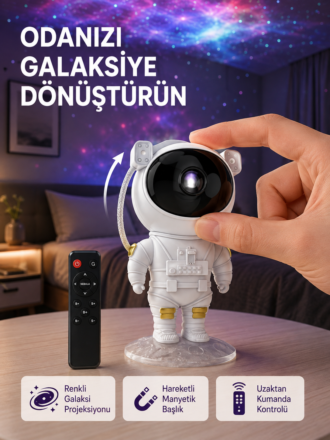 Astronot Şekilli Galaxy Projeksiyon Lambası Nebula Efektli Dekoratif Lamba - Lisinya