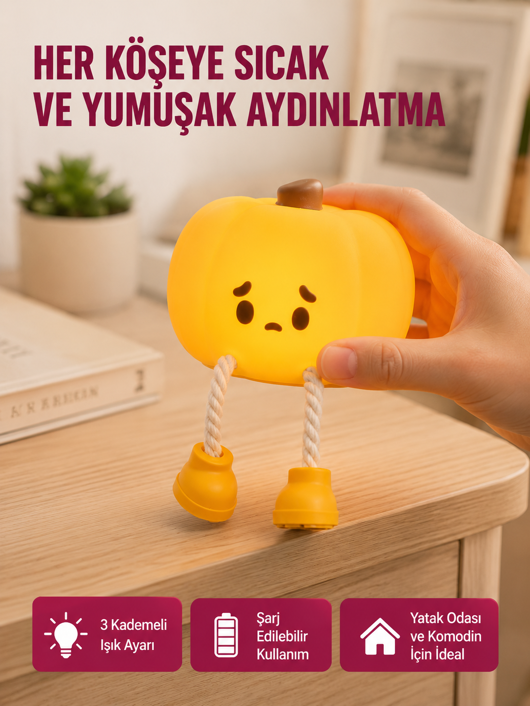 Pumpkin LED Night Light Dokunmatik Şarjlı Silikon Gece Lambası Yeni Nesil - Lisinya