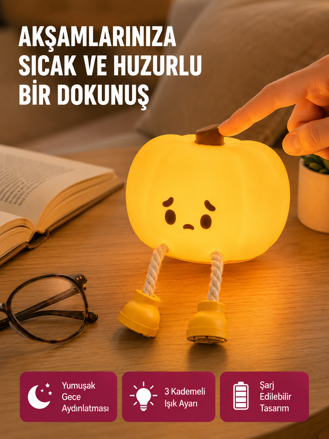 Pumpkin LED Gece Lambası Üç Kademeli Işık Ayarlı Yeni Nesil - Lisinya