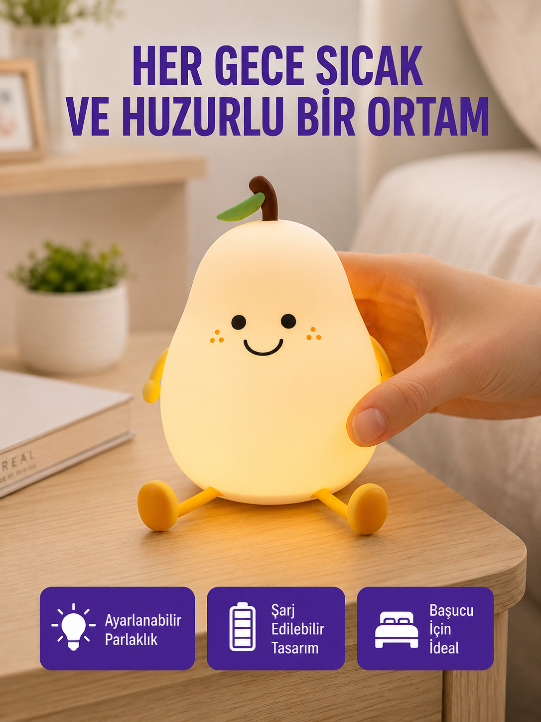 USB Şarjlı Armut Gece Lambası Dokunmatik Renk Değişimli - Lisinya