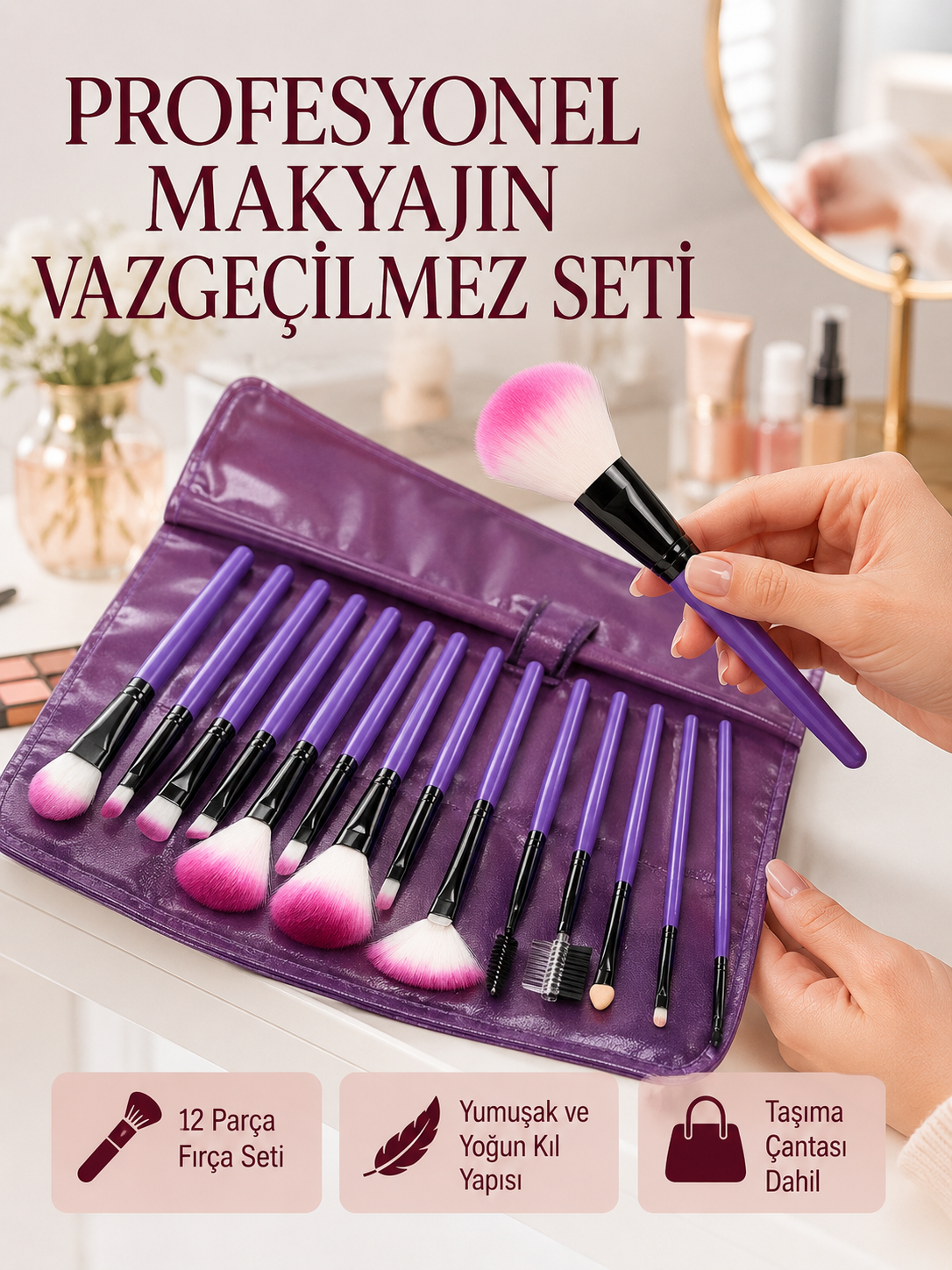 Doğal Görünüm Sağlayan Yumuşak Kıllı 12 Parça Makyaj Fırça Seti Günlük ve Profesyonel Kullanıma Uygun - Lisinya Doğal Görünüm Sağlayan Yumuşak Kıllı 12 Parça Makyaj Fırça Seti Günlük ve Profesyonel Kullanıma Uygun - Lisinya