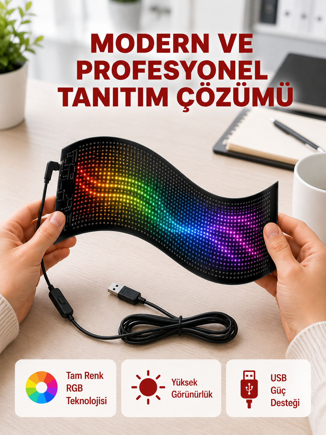 RGB Kayar Yazılı LED Reklam Ekranı – USB Bağlantılı Esnek Tasarım - Lisinya