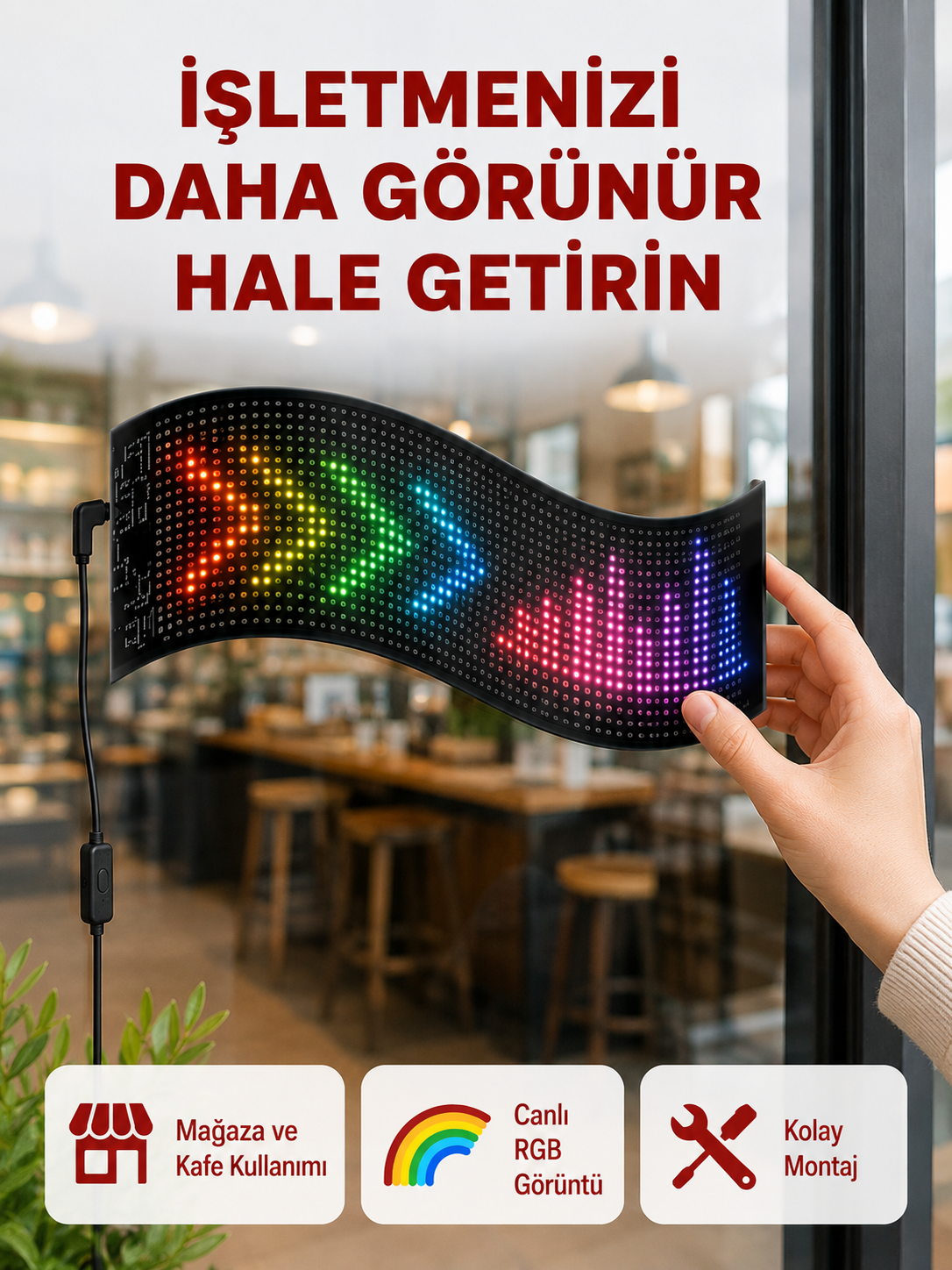 RGB Renkli LED Ekran Tabela USB Bağlantılı ve Kayan Yazı Destekli - Lisinya