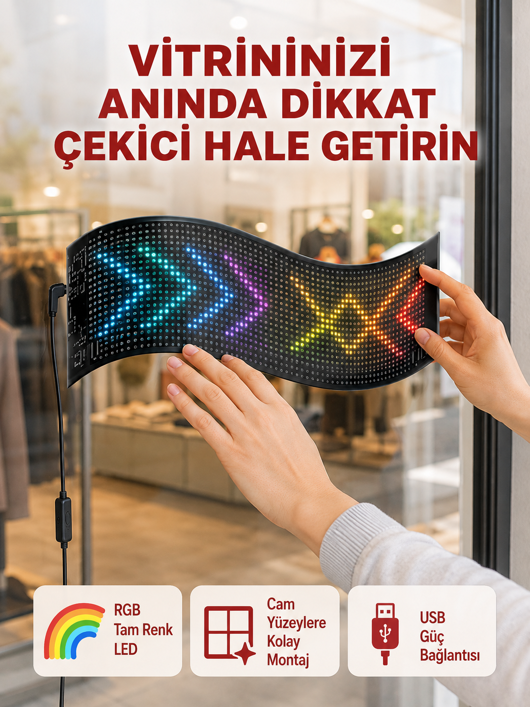 USB Girişli RGB LED Tabela Ayarlanabilir Parlaklık ve Kayan Yazı Özellikli - Lisinya