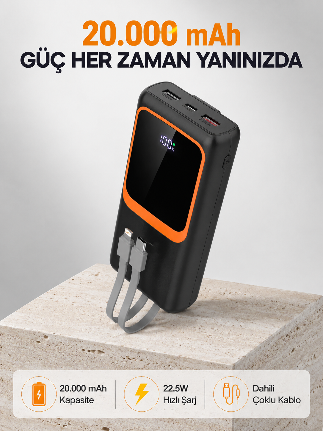 Powerbank 20000 mAh 22.5W Hızlı Şarjlı ve Kompakt Çoklu Kablo Çıkışlı - Lisinya Powerbank 20000 mAh 22.5W Hızlı Şarjlı ve Kompakt Çoklu Kablo Çıkışlı - Lisinya
