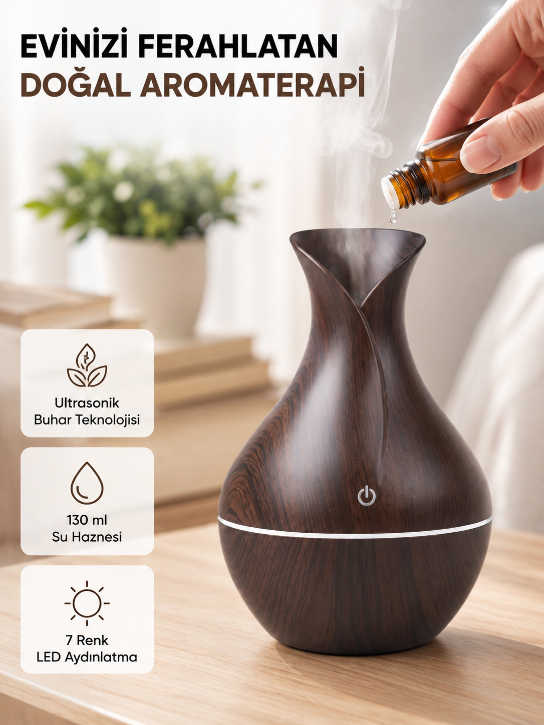 Aromaterapi Difüzör Ahşap Desenli ve Ultrasonik Nemlendirici LED Işıklı - Lisinya Aromaterapi Difüzör Ahşap Desenli ve Ultrasonik Nemlendirici LED Işıklı - Lisinya