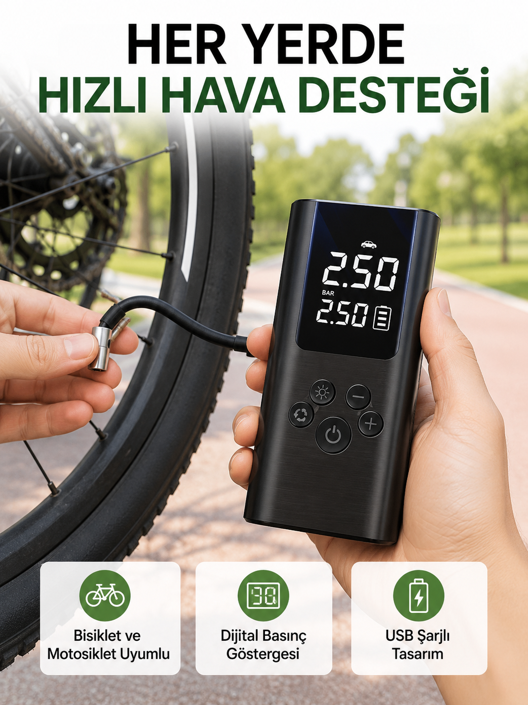 LED Işıklı Dijital Hava Pompası Araba Bisiklet Uyumlu - Lisinya