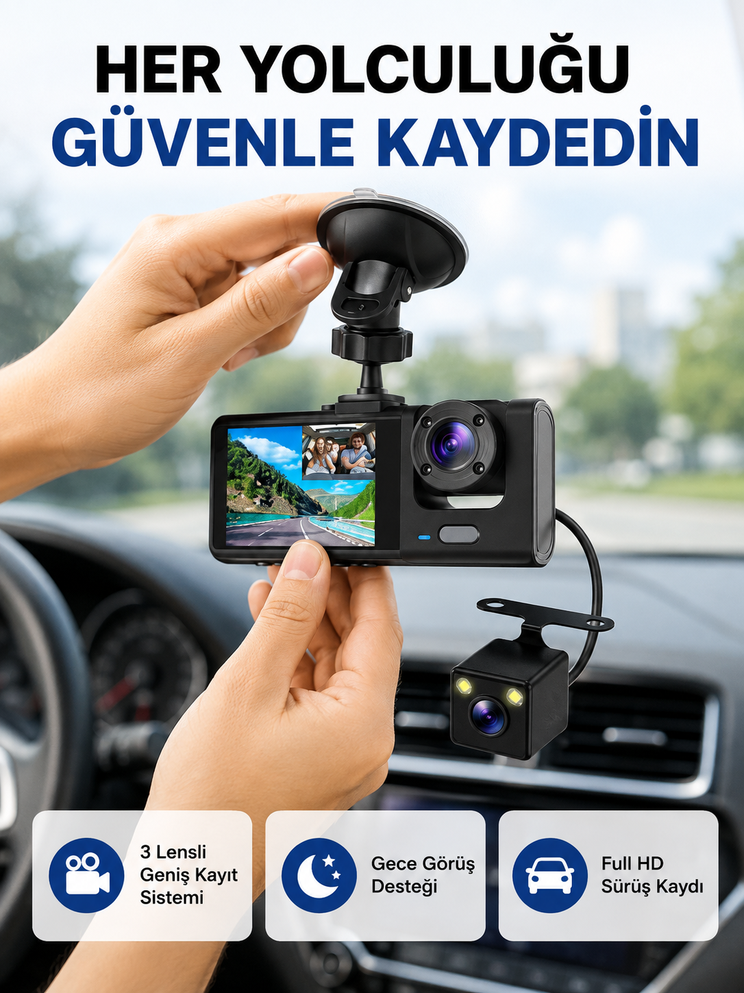 Üç Kameralı Araç İçi Kayıt Sistemi Full HD Gece Görüşlü ve G-Sensör Destekli - Lisinya Üç Kameralı Araç İçi Kayıt Sistemi Full HD Gece Görüşlü ve G-Sensör Destekli - Lisinya