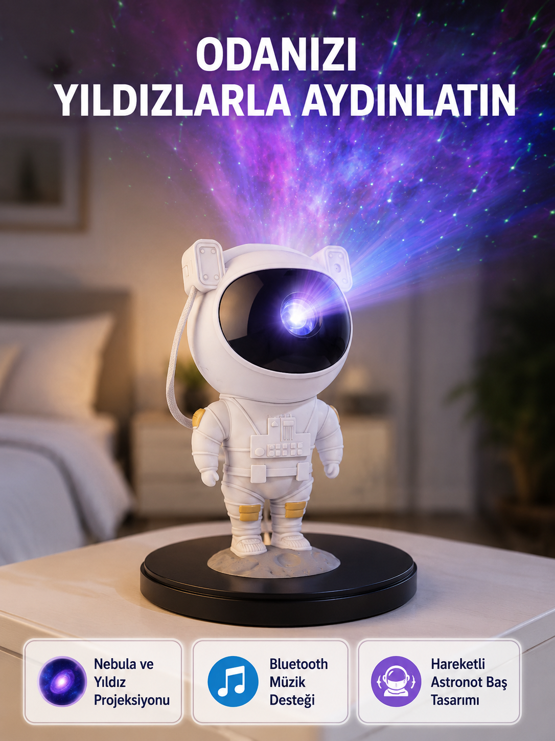 Astronot Projeksiyon Lambası Bluetooth Müzikli ve Uzaktan Kumandalı - Lisinya