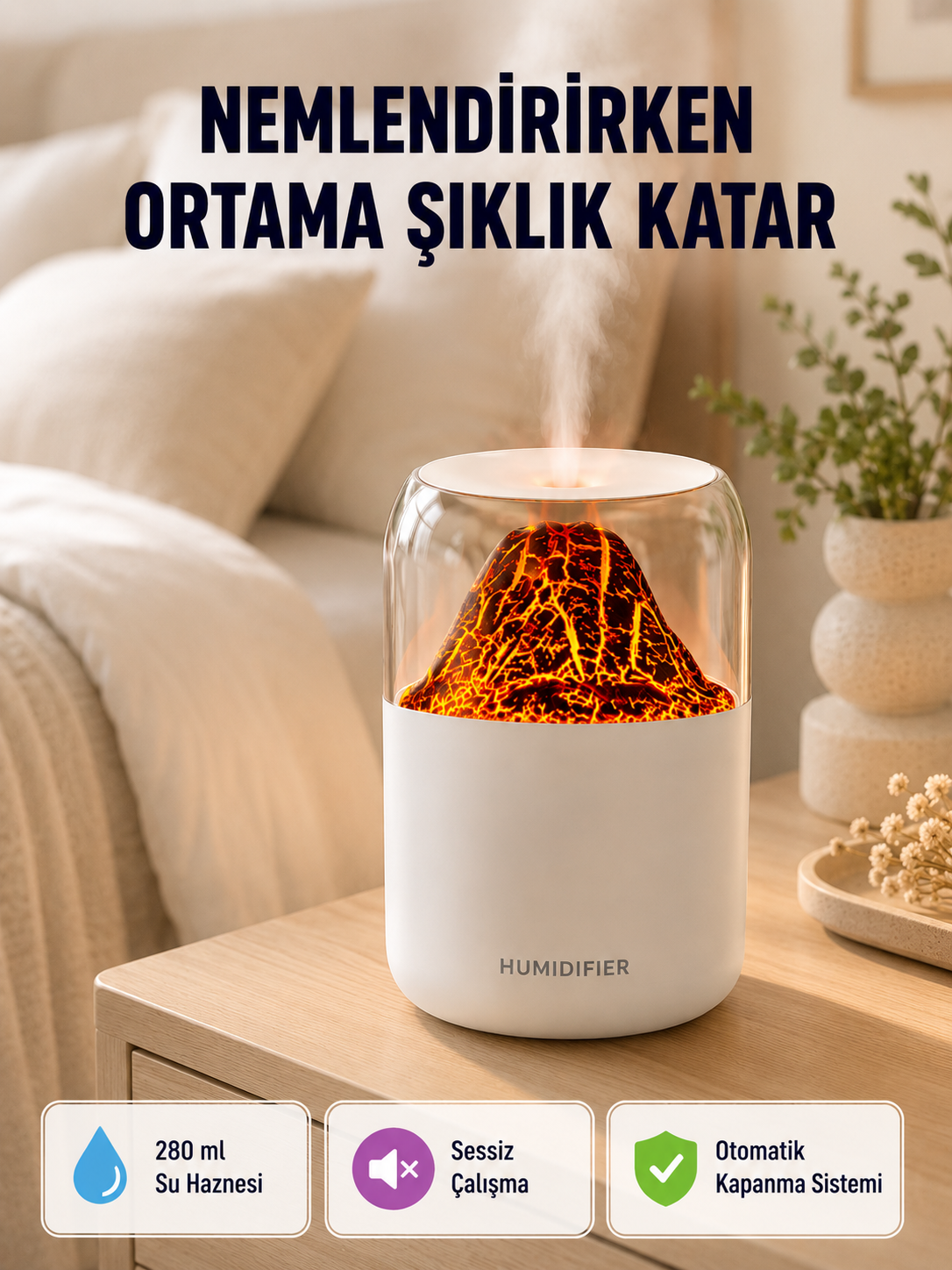 Alev Efektli Ultrasonik Uçucu Yağ Difüzörü 280ml Su Tanklı ve Sessiz Çalışma Özellikli - Lisinya
