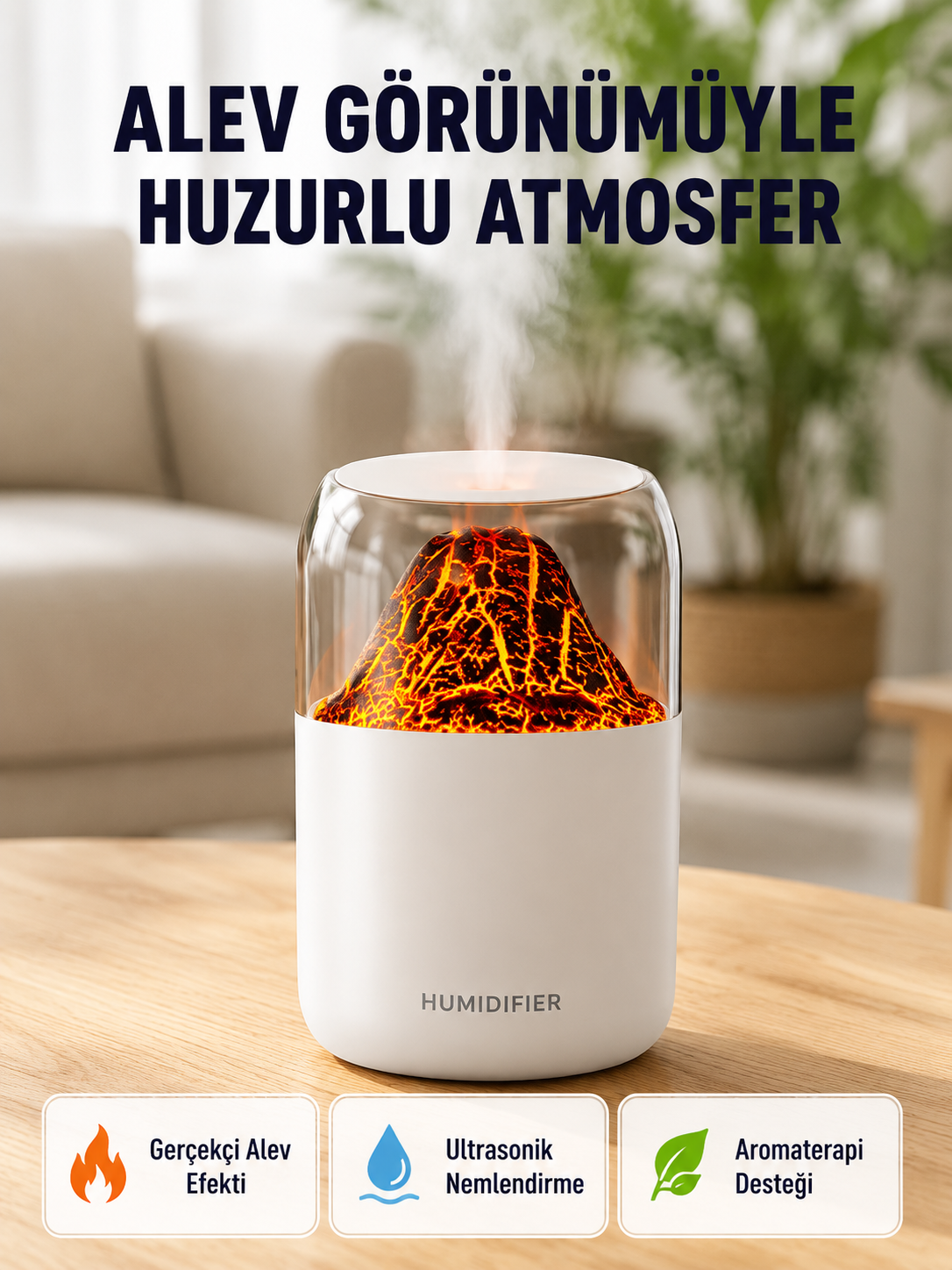 280ml Alev Işıklı Ultrasonik Hava Nemlendirici Sessiz ve USB Şarjlı - Lisinya