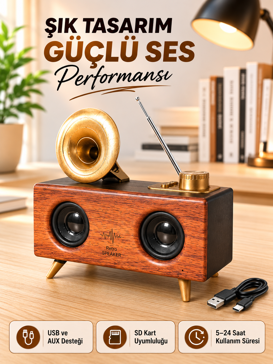 Retro Gramofon Tasarımlı Bluetooth Hoparlör – 3D Stereo Ses, 1800 mAh Batarya - Lisinya
