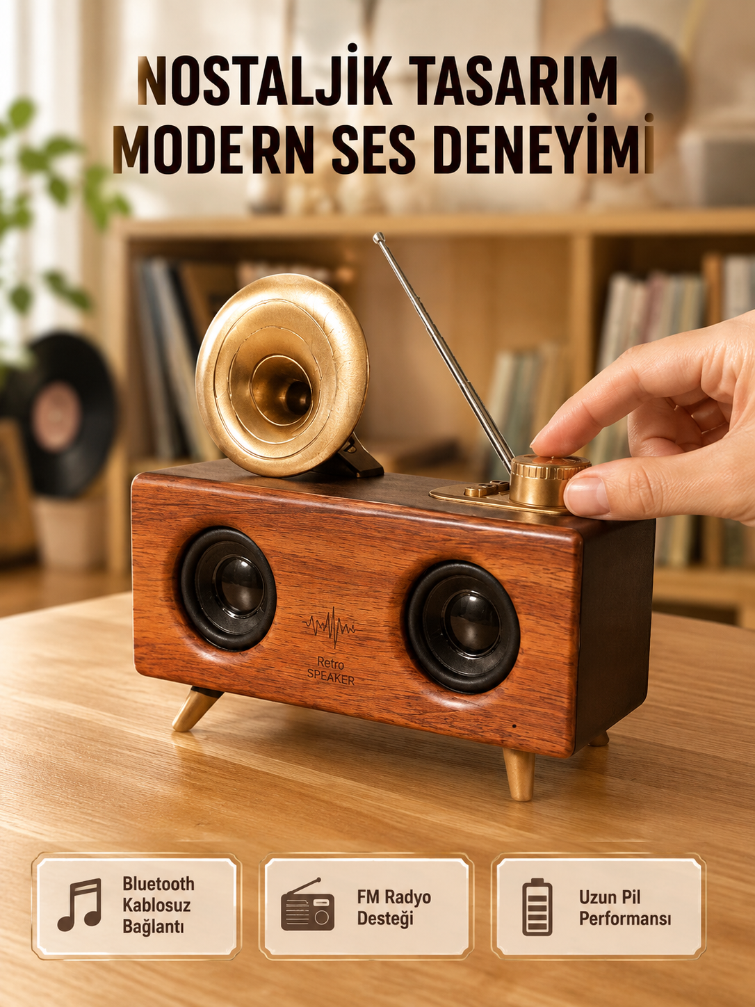Nostaljik Gramofon Bluetooth Hoparlör – FM Radyo + USB + SD Kart Destekli - Lisinya