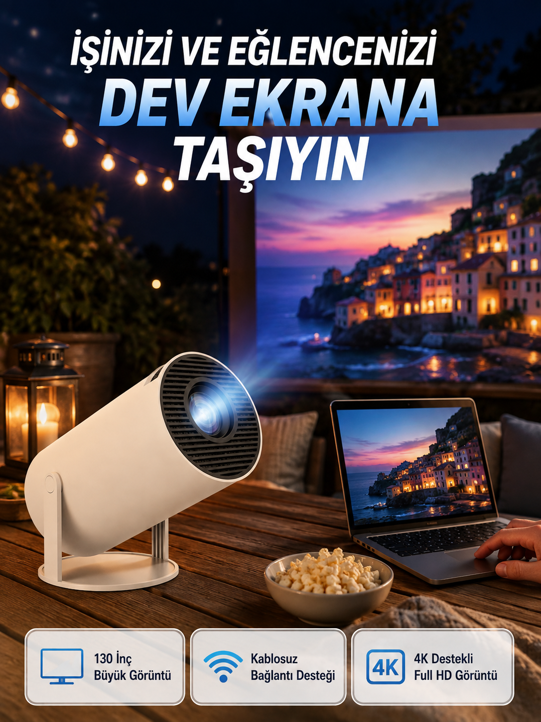 Full HD 4K Destekli Akıllı Projeksiyon – 130 inç Ekran, Uzun Ömürlü Ampul ve Çoklu Giriş - Lisinya