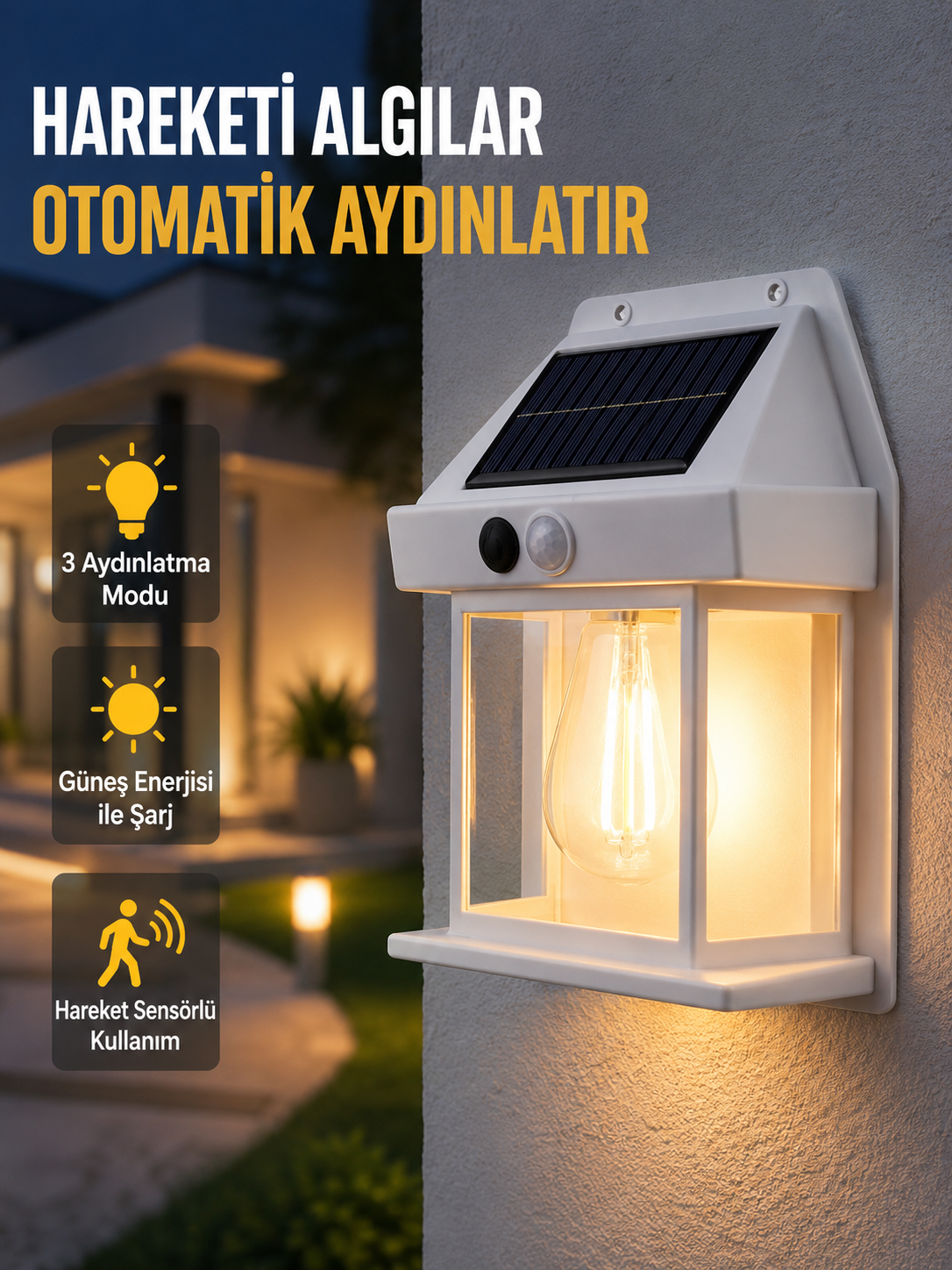 Üç Modlu Güneş Enerjili Duvar Lambası 1800mAh Bataryalı ve Hareket Sensörlü - Lisinya