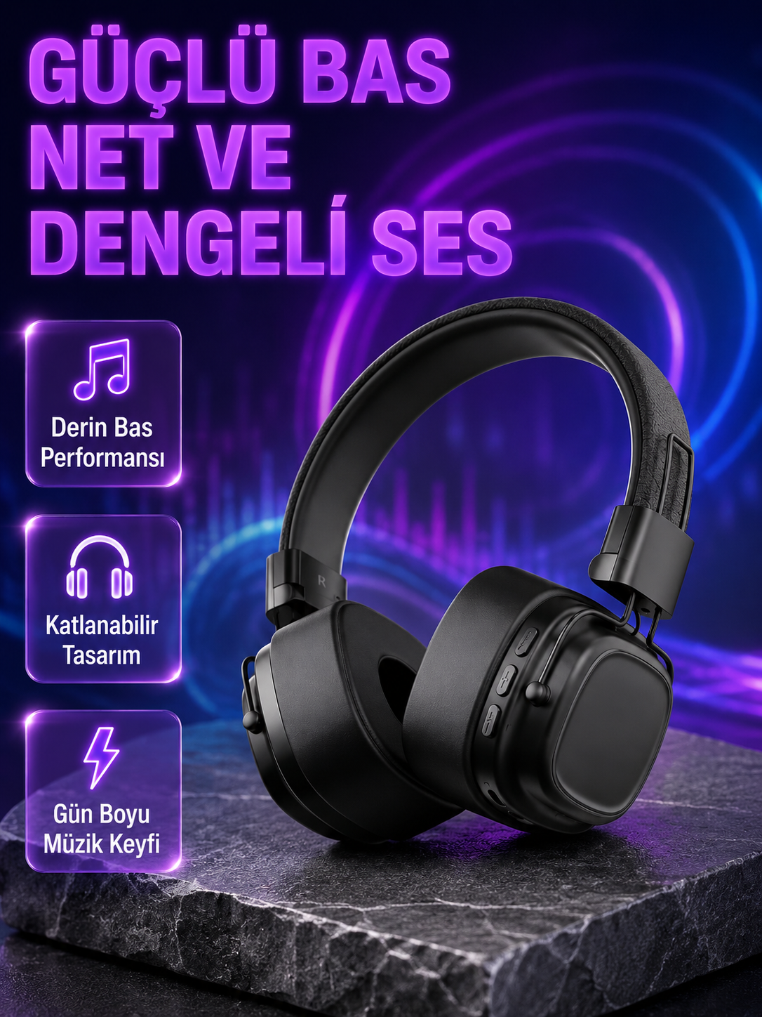 Kablosuz Kulak Üstü Bluetooth Kulaklık Güçlü Bas ve Katlanabilir Tasarım - Lisinya Kablosuz Kulak Üstü Bluetooth Kulaklık Güçlü Bas ve Katlanabilir Tasarım - Lisinya
