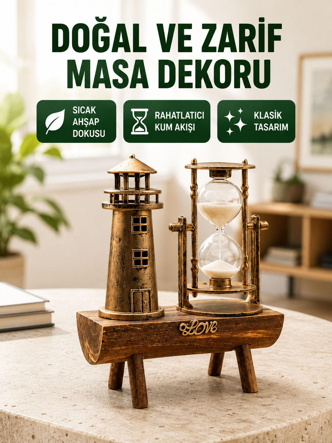 Ahşap Gövdeli Deniz Feneri Formlu Kum Saati – 15x20 cm Masa Dekoru Yeni Nesil - Lisinya