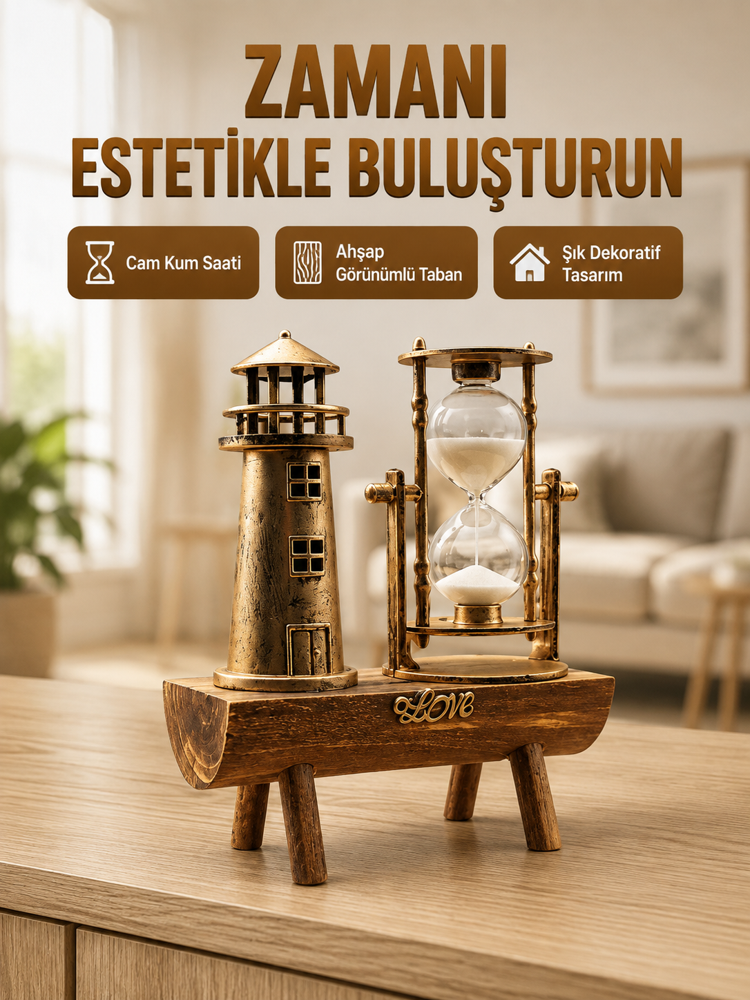 Deniz Feneri Tasarımlı Ahşap Kum Saati – Retro Masa Aksesuarı Yeni Nesil - Lisinya