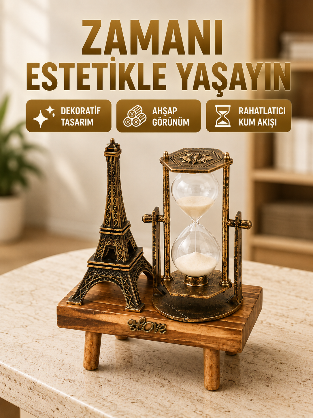 Ahşap Gövdeli Dekoratif Kum Saati – Masa Üstü El Sanatı Aksesuarı - Lisinya