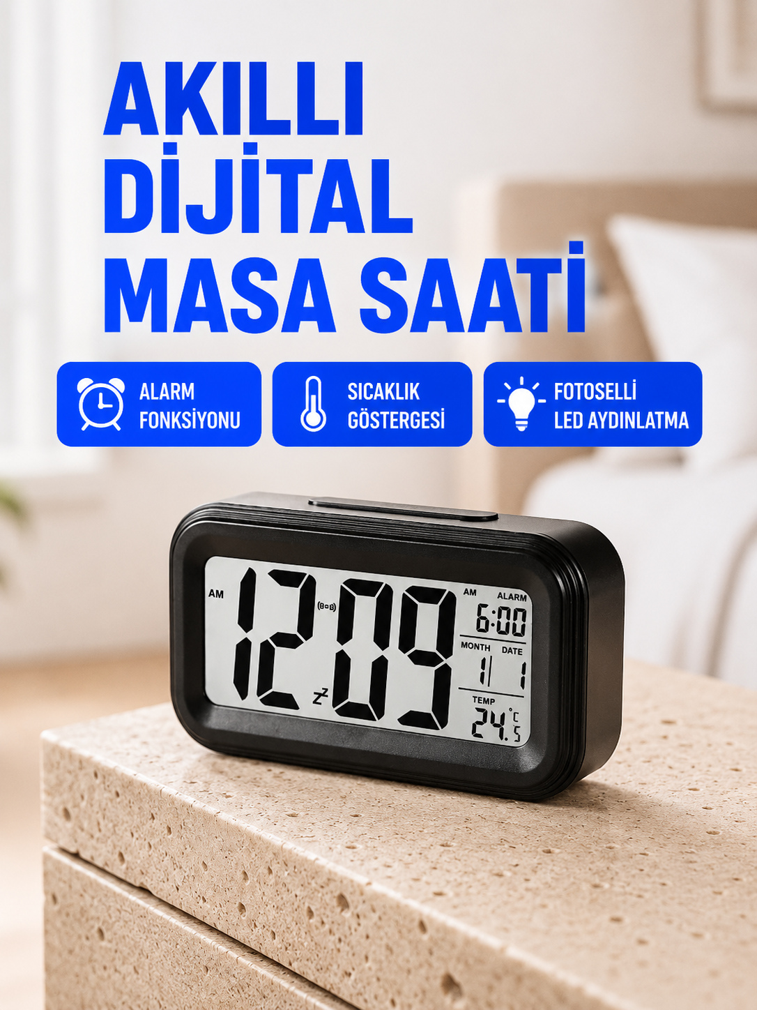 Fotoselli Dijital Masa Saati Aydınlatmalı Alarm ve Tarih Göstergeli - Lisinya Fotoselli Dijital Masa Saati Aydınlatmalı Alarm ve Tarih Göstergeli - Lisinya