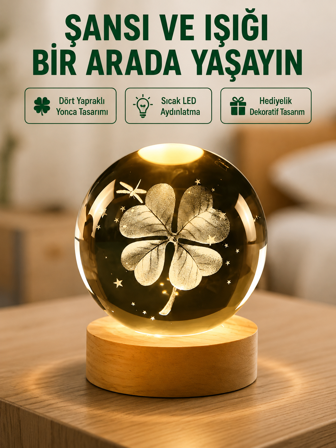 Yonca Figürlü Cam Küre USB Işıklı Ahşap Tabanlı Dekoratif Masa Lambası - Lisinya Yonca Figürlü Cam Küre USB Işıklı Ahşap Tabanlı Dekoratif Masa Lambası - Lisinya